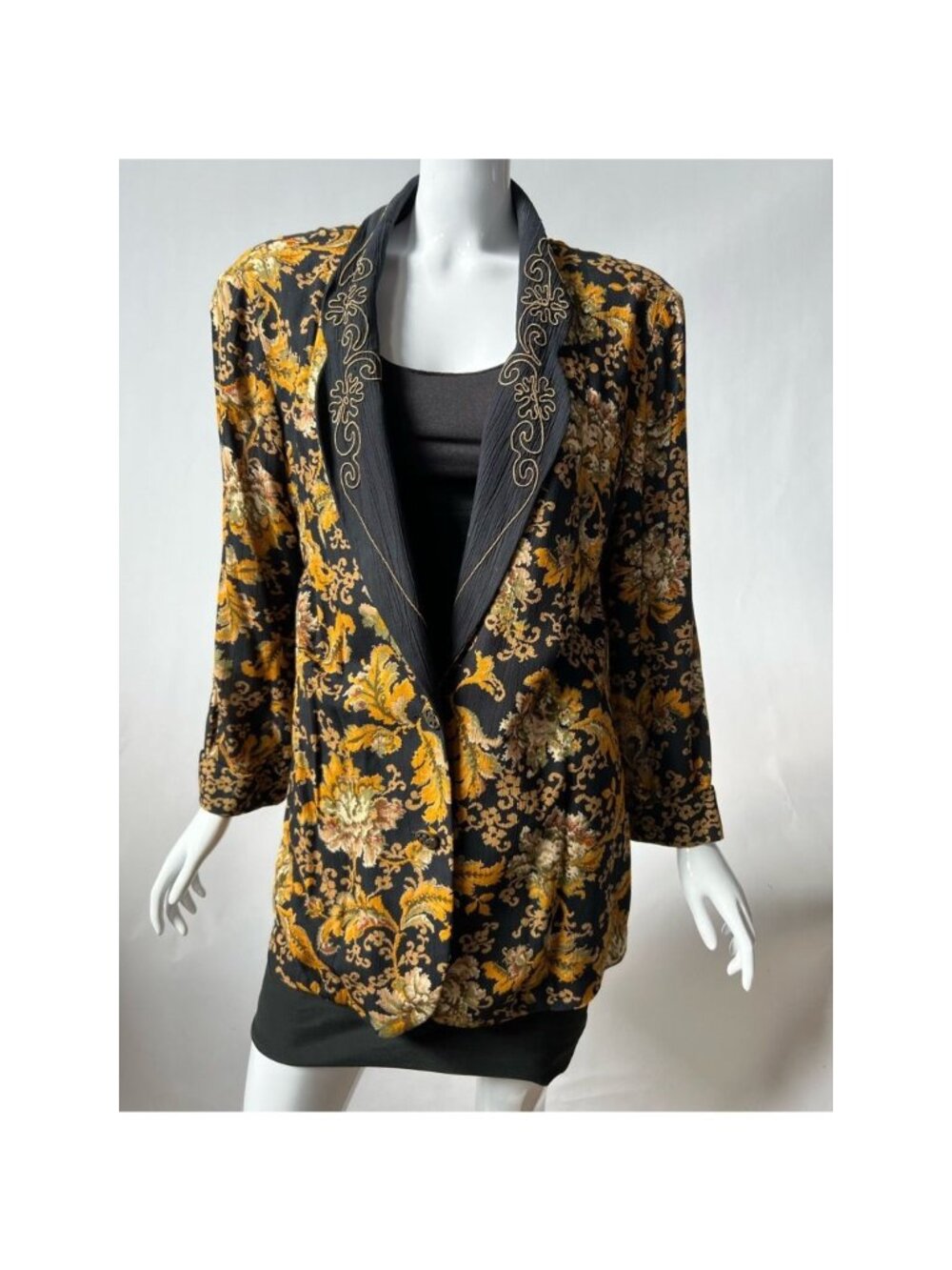 Carole Little Petites Womens Vintage Black & Gold Floral Blazer Jacket Size 10P